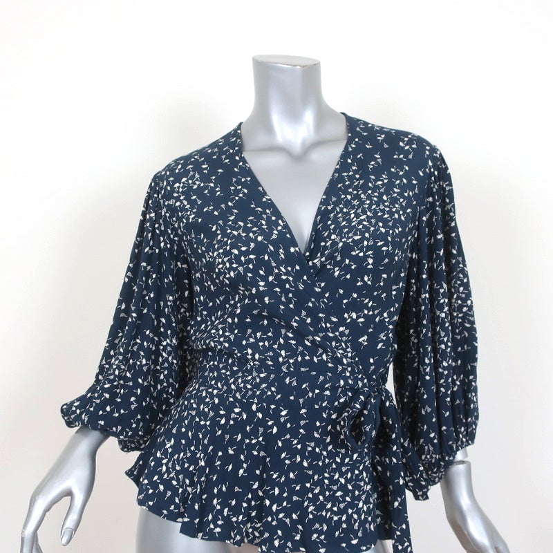 Ganni Wrap Top Barra Navy Printed Crepe ...